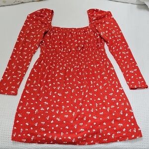 Divided Red Long Sleeve Dress with Floral Pattern